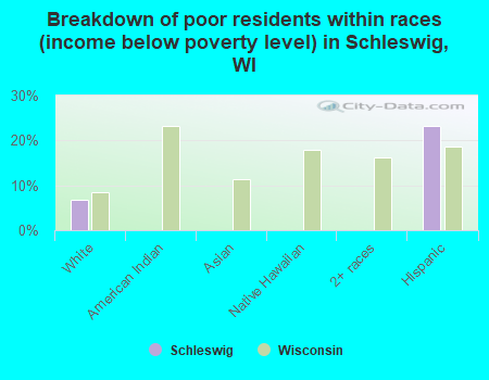 Breakdown of poor residents within races (income below poverty level) in Schleswig, WI