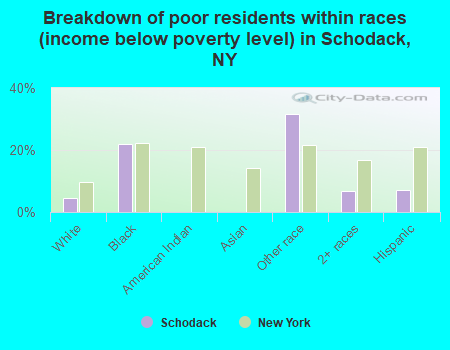 Breakdown of poor residents within races (income below poverty level) in Schodack, NY