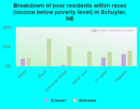 Breakdown of poor residents within races (income below poverty level) in Schuyler, NE