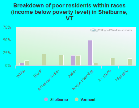 Breakdown of poor residents within races (income below poverty level) in Shelburne, VT