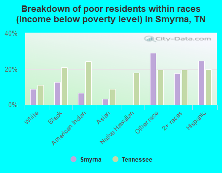 Breakdown of poor residents within races (income below poverty level) in Smyrna, TN