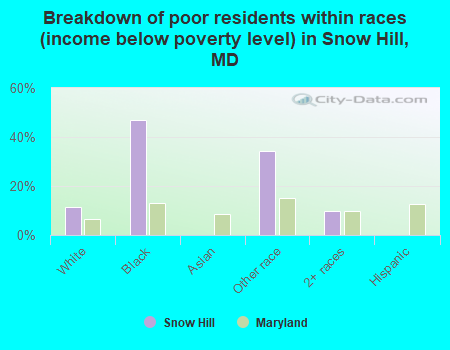 Breakdown of poor residents within races (income below poverty level) in Snow Hill, MD