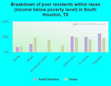 Breakdown of poor residents within races (income below poverty level) in South Houston, TX
