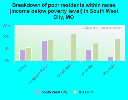 Breakdown of poor residents within races (income below poverty level) in South West City, MO