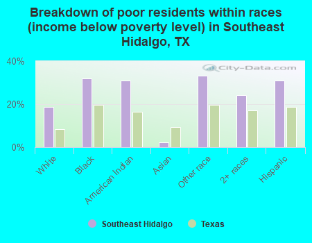 Breakdown of poor residents within races (income below poverty level) in Southeast Hidalgo, TX