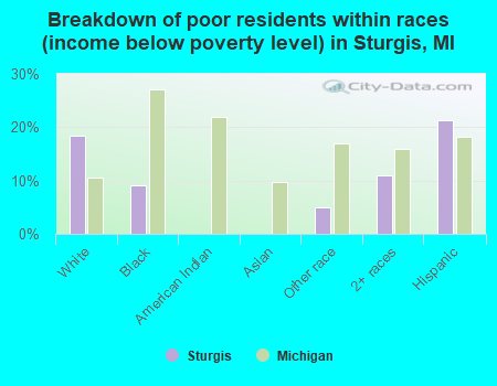 Breakdown of poor residents within races (income below poverty level) in Sturgis, MI