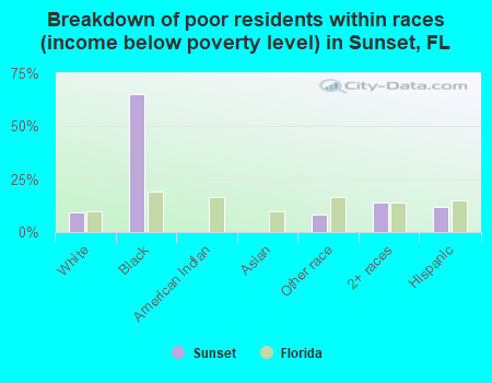 Breakdown of poor residents within races (income below poverty level) in Sunset, FL