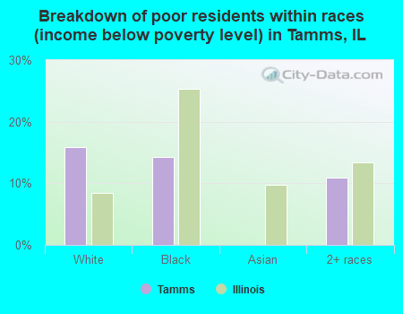 Breakdown of poor residents within races (income below poverty level) in Tamms, IL