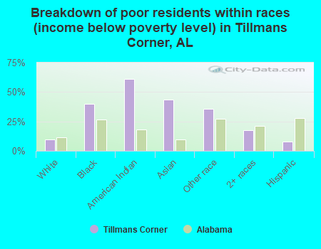 Breakdown of poor residents within races (income below poverty level) in Tillmans Corner, AL