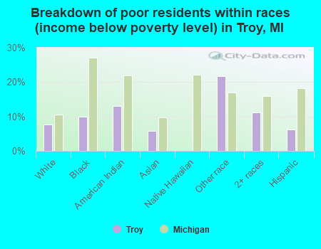 Breakdown of poor residents within races (income below poverty level) in Troy, MI