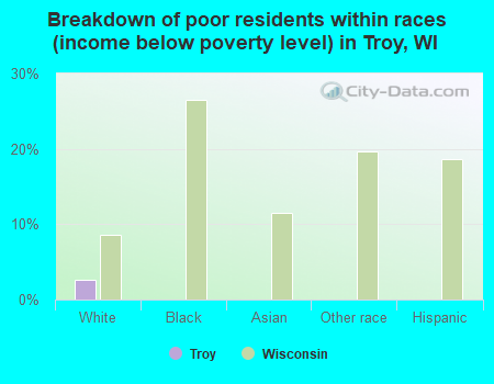 Breakdown of poor residents within races (income below poverty level) in Troy, WI