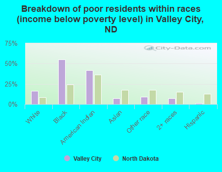 Breakdown of poor residents within races (income below poverty level) in Valley City, ND