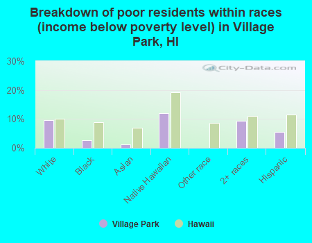 Breakdown of poor residents within races (income below poverty level) in Village Park, HI