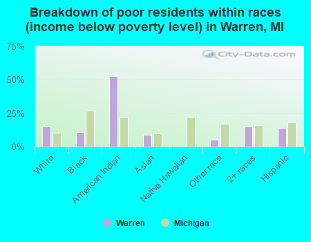 Breakdown of poor residents within races (income below poverty level) in Warren, MI