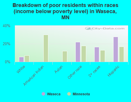 Breakdown of poor residents within races (income below poverty level) in Waseca, MN