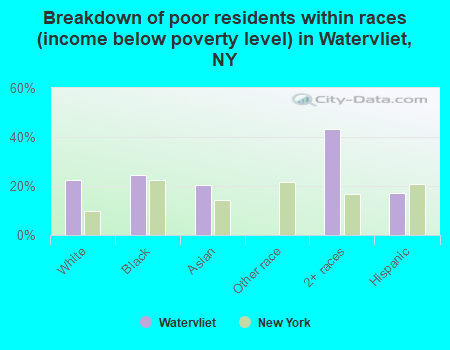 Breakdown of poor residents within races (income below poverty level) in Watervliet, NY