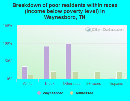 Breakdown of poor residents within races (income below poverty level) in Waynesboro, TN