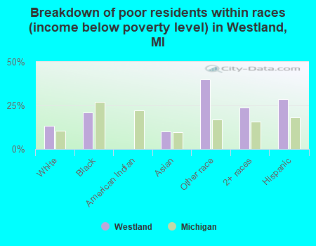 Breakdown of poor residents within races (income below poverty level) in Westland, MI