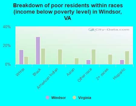 Breakdown of poor residents within races (income below poverty level) in Windsor, VA