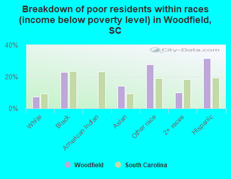 Breakdown of poor residents within races (income below poverty level) in Woodfield, SC