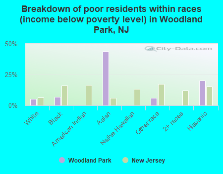 Breakdown of poor residents within races (income below poverty level) in Woodland Park, NJ