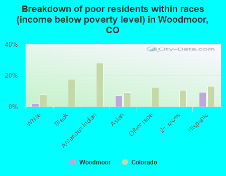 Breakdown of poor residents within races (income below poverty level) in Woodmoor, CO