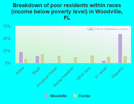 Breakdown of poor residents within races (income below poverty level) in Woodville, FL