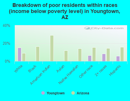 Breakdown of poor residents within races (income below poverty level) in Youngtown, AZ