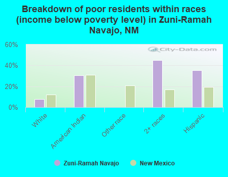 Breakdown of poor residents within races (income below poverty level) in Zuni-Ramah Navajo, NM