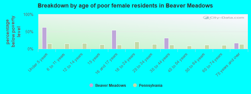 Breakdown by age of poor female residents in Beaver Meadows