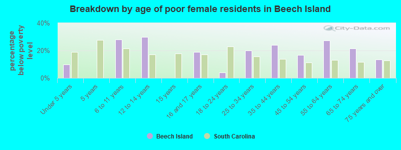 Breakdown by age of poor female residents in Beech Island