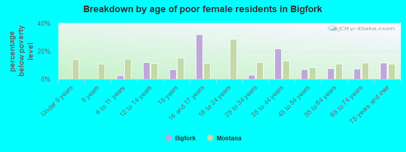 Breakdown by age of poor female residents in Bigfork