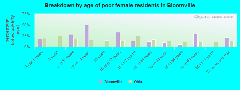Breakdown by age of poor female residents in Bloomville