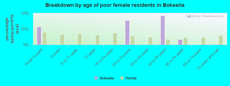 Breakdown by age of poor female residents in Bokeelia