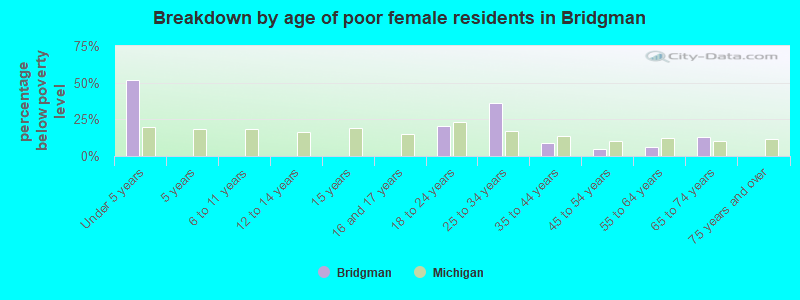 Breakdown by age of poor female residents in Bridgman