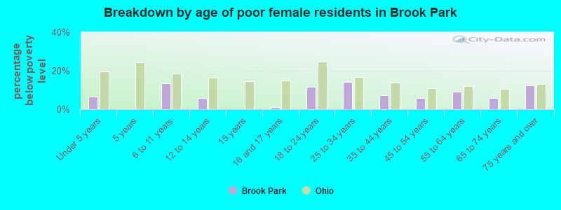 Breakdown by age of poor female residents in Brook Park