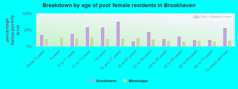 Breakdown by age of poor female residents in Brookhaven