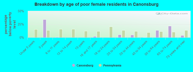 Breakdown by age of poor female residents in Canonsburg