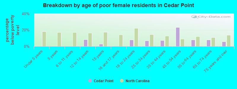Breakdown by age of poor female residents in Cedar Point