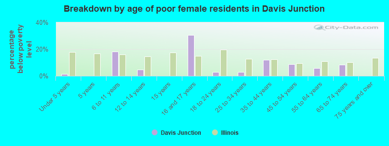 Breakdown by age of poor female residents in Davis Junction