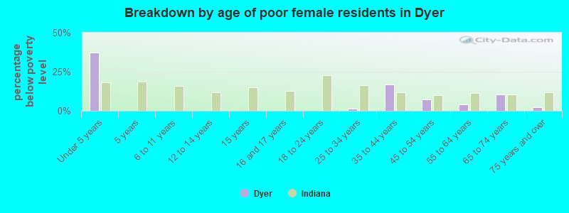 Breakdown by age of poor female residents in Dyer