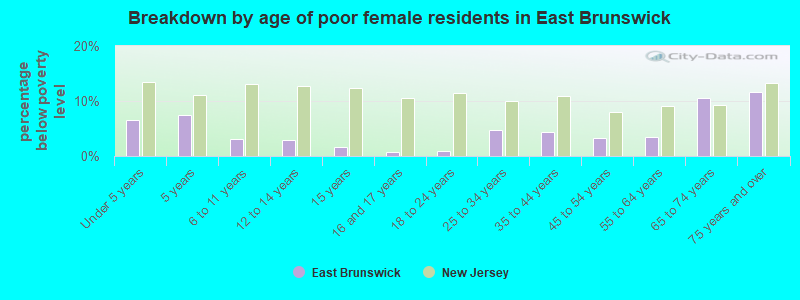 Breakdown by age of poor female residents in East Brunswick