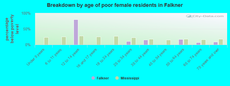 Breakdown by age of poor female residents in Falkner
