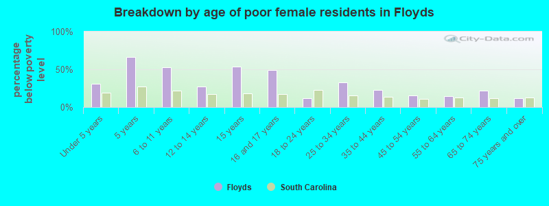 Breakdown by age of poor female residents in Floyds