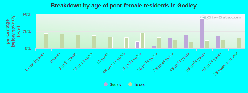Breakdown by age of poor female residents in Godley
