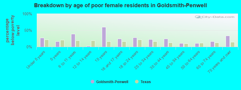 Breakdown by age of poor female residents in Goldsmith-Penwell