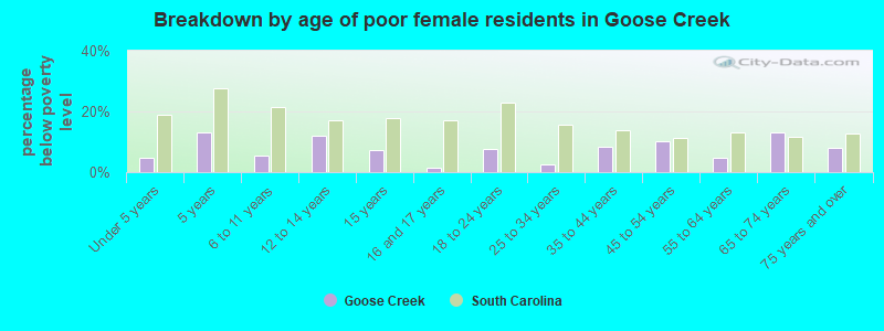 Breakdown by age of poor female residents in Goose Creek