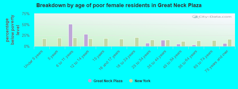 Breakdown by age of poor female residents in Great Neck Plaza