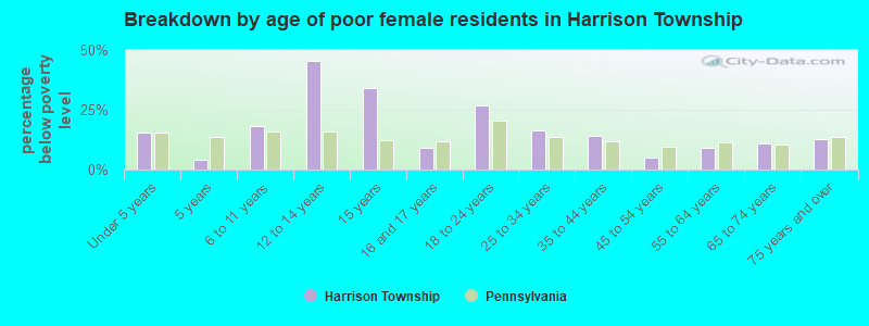 Breakdown by age of poor female residents in Harrison Township