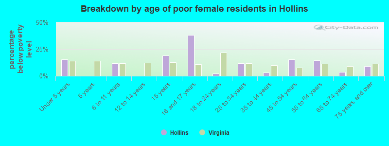 Breakdown by age of poor female residents in Hollins